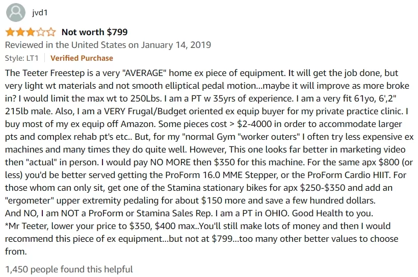 Top Negative Review for the Teeter FreeStep Recumbent Cross Trainer and Elliptical